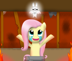 Size: 3800x3227 | Tagged: safe, artist:facelesssoles, angel bunny, fluttershy, pegasus, pony, rabbit, g4, animal, crossover, crying, fire, high res, item get, the binding of isaac