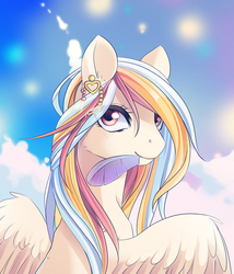 Size: 1368x1600 | Tagged: safe, artist:margony, oc, oc only, pegasus, pony, bust, cloud, cloudy, ear piercing, feather, female, looking at you, looking back, looking back at you, mare, mouth hold, piercing, sky, solo, spread wings, wings
