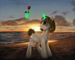 Size: 2600x2100 | Tagged: safe, artist:dirlcutto, oc, oc only, pony, unicorn, beach, flower, high res, magic, solo