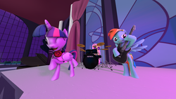 Size: 1920x1080 | Tagged: safe, artist:funsketch, fluttershy, rainbow dash, twilight sparkle, alicorn, pony, g4, 3d, canterlot, clothes, concert, curtains, drums, female, guitar, headphones, mare, microphone, music, musical instrument, raised hoof, singing, source filmmaker, twilight sparkle (alicorn), wink