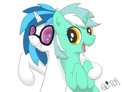 Size: 3292x2480 | Tagged: safe, artist:glitch, dj pon-3, lyra heartstrings, vinyl scratch, g4, high res