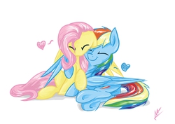 Size: 3541x2508 | Tagged: safe, artist:navigatoralligator, fluttershy, rainbow dash, g4, cuddling, female, heart, high res, lesbian, ship:flutterdash, shipping, snuggling, underhoof