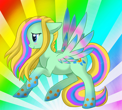 Size: 831x748 | Tagged: safe, artist:halfbreed-kitomi, oc, oc only, oc:dawn dreamer, pegasus, pony, rainbow power, rainbow power-ified, solo, sunburst background