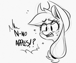 Size: 685x562 | Tagged: safe, artist:xieril, applejack, g4, female, monochrome, sketch, solo, that pony sure does love apples, worried