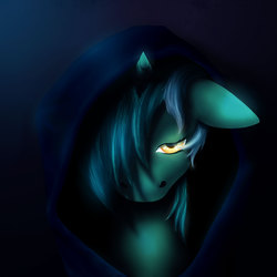 Size: 2000x2000 | Tagged: safe, artist:4as, lyra heartstrings, fanfic:background pony, g4, female, floppy ears, hair over one eye, high res, hood, looking at you, nostrils, ponies wearing black, sad, shadow, solo