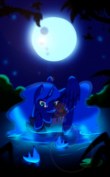 Size: 1050x1680 | Tagged: safe, artist:camaine, princess luna, g4, female, night, pond, solo, water