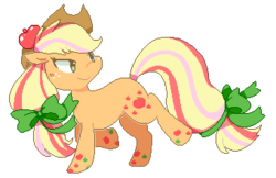 Size: 340x220 | Tagged: safe, artist:milkii-ways, applejack, earth pony, pony, g4, apple, applejack's hat, bow, cowboy hat, cutie mark, female, food, hair bow, hat, looking back, rainbow power, simple background, smiling, solo, tail bow, transparent background, walking