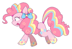 Size: 290x198 | Tagged: dead source, safe, artist:milkii-ways, pinkie pie, earth pony, pony, g4, bow, cute, cutie mark, diapinkes, female, hair bow, open mouth, pixel art, rainbow power, simple background, smiling, solo, walking, white background