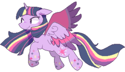 Size: 328x190 | Tagged: safe, artist:milkii-ways, twilight sparkle, alicorn, pony, g4, cutie mark, female, flying, horn, mare, rainbow power, simple background, smiling, solo, spread wings, twilight sparkle (alicorn), white background, wings