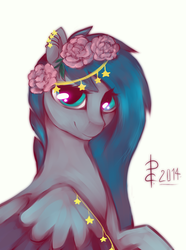 Size: 1446x1939 | Tagged: safe, artist:risterdus, oc, oc only, pegasus, pony, cute, flower, flower in hair, looking at you, portrait, raised eyebrow, smiling, solo, stars