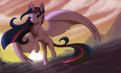 Size: 1280x768 | Tagged: dead source, safe, artist:probablyfakeblonde, twilight sparkle, alicorn, pony, g4, twilight's kingdom, backlighting, female, flying, mare, one eye closed, smiling, solo, sparkles, spread wings, sun, sunset, twilight sparkle (alicorn), wink
