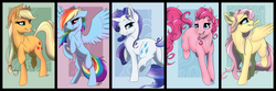 Size: 5300x1767 | Tagged: safe, artist:probablyfakeblonde, applejack, fluttershy, pinkie pie, rainbow dash, rarity, g4, raised hoof, simple background