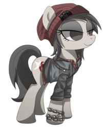 Size: 1227x1500 | Tagged: safe, artist:burnoid096, earth pony, pony, beanie, chains, clothes, delsin rowe, female, hat, infamous, infamous second son, mare, ponified, rule 63, simple background, smiling, solo, transparent background
