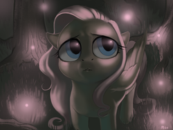 Size: 1000x750 | Tagged: safe, artist:moo, fluttershy, g4, female, floppy ears, forest, looking up, solo