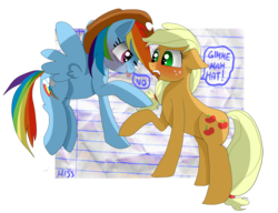 Size: 2600x2000 | Tagged: safe, artist:misspolycysticovary, applejack, rainbow dash, earth pony, pegasus, pony, g4, accessory swap, accessory theft, applejack's hat, blushing, duo, female, fourth wall, hair bite, hat, high res, lesbian, lined paper, no, ship:appledash, shipping, tongue out