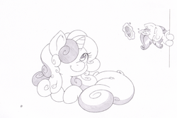 Size: 1248x834 | Tagged: safe, artist:joey darkmeat, rarity, sweetie belle, pony, g4, alternate hairstyle, annoyed, cute, diasweetes, electric razor, frown, glare, grayscale, hair over one eye, leaning, long mane, magic, monochrome, peeking, prone, razor, shaver, smiling, telekinesis, traditional art, unkempt mane