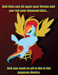 Size: 612x792 | Tagged: safe, artist:dr-whiskey, rainbow dash, fanfic:rainbow factory, g4, female, pegasus device song, solo, throne
