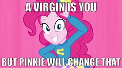 Size: 1920x1080 | Tagged: safe, edit, edited screencap, screencap, pinkie pie, human, equestria girls, g4, a winner is you, female, grammar error, image macro, meme, solo, virgin