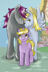 Size: 600x910 | Tagged: safe, artist:timatae, derpy hooves, dinky hooves, written script, oc, pegasus, pony, g4, canon x oc, female, male, mare, shipping, straight