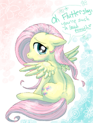 Size: 480x640 | Tagged: safe, artist:ninidoodles, fluttershy, pegasus, pony, g4, cute, dialogue, female, floppy ears, looking at you, looking back, quote, shyabetes, sitting, solo, speech bubble, spread wings, wings