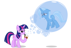 Size: 2250x1500 | Tagged: dead source, safe, artist:navitaserussirus, trixie, twilight sparkle, pony, unicorn, g4, bubble, bubble pipe, duo, duo female, female, hilarious in hindsight, in bubble, scared, simple background, soap bubble, transparent background, trapped, unicorn twilight