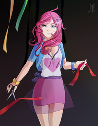 Size: 1241x1600 | Tagged: safe, artist:margony, pinkie pie, human, g4, female, humanized, ribbon, scissors, solo