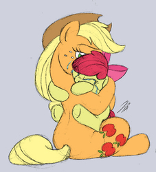 Size: 414x455 | Tagged: safe, artist:rannva, apple bloom, applejack, earth pony, pony, g4, adorabloom, applebetes, colored sketch, comforting, crying, cute, female, four-limbed hug, hug, jackabetes, sad, sadorable, sisters, story in the comments