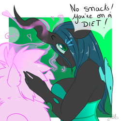 Size: 800x800 | Tagged: safe, artist:arnachy, queen chrysalis, oc, oc:fluffle puff, anthro, g4, breasts, busty queen chrysalis, canon x oc, changeling feeding, chubby cheeks, dialogue, eating, embarrassed, exclamation point, female, floppy ears, gasp, gasping, heart, lesbian, looking at you, looking back, looking back at you, love, moan, moaning, moaning in pleasure, open mouth, plump, ship:chrysipuff, shipping