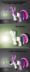 Size: 1100x2627 | Tagged: safe, artist:skunkiss, pinkie pie, twilight sparkle, g4, clothes, comic, glasses, mad scientist, science, vial