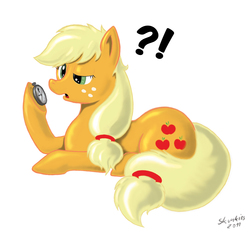 Size: 2859x2698 | Tagged: safe, artist:skunkiss, applejack, earth pony, pony, g4, exclamation point, female, high res, interrobang, mare, morning ponies, prone, question mark, simple background, solo, watch, white background
