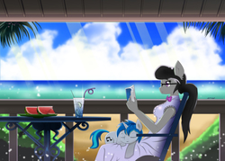 Size: 3500x2500 | Tagged: safe, artist:zzvinniezz, dj pon-3, octavia melody, vinyl scratch, earth pony, pony, unicorn, anthro, g4, anthro with ponies, beach, behaving like a cat, behaving like a dog, book, duo, glasses, head on lap, high res, ocean, pony pet, reading, watermelon