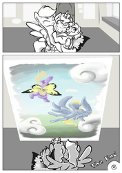 Size: 877x1240 | Tagged: safe, artist:rannva, derpy hooves, dinky hooves, ponet, pegasus, pony, g4, artificial wings, augmented, comic, equestria's best father, equestria's best mother, female, grayscale, high hopes, magic, magic wings, male, mare, monochrome, shipping, straight, wings