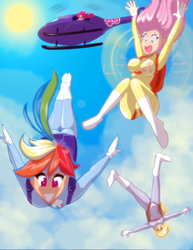 Size: 2550x3300 | Tagged: safe, artist:severflame, derpy hooves, fluttershy, pinkie pie, rainbow dash, human, g4, air ponyville, ass, breasts, busty fluttershy, butt, clothes, falling, female, freefall, helicopter, high res, humanized, jumpsuit, parachute, skydiving