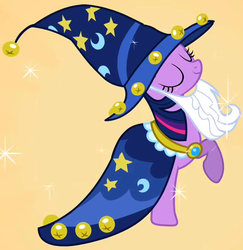 Size: 505x520 | Tagged: safe, screencap, star swirl the bearded, twilight sparkle, g4, luna eclipsed, bells, clothes, cosplay, costume, eyes closed, female, hat, nightmare night costume, outfit catalog, solo, star swirl the bearded costume, twilight the bearded, wizard hat