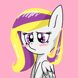 Size: 463x463 | Tagged: safe, artist:mittenpatty, oc, oc only, oc:grape lemonade, pegasus, pony, blushing, female, gray, mare, pink background, shy, simple background, solo, worried