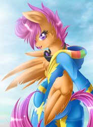Size: 1458x1976 | Tagged: safe, artist:knifeh, scootaloo, pegasus, semi-anthro, g4, arm hooves, butt, clothes, female, goggles, hoodie, plot, solo, wonderbolts uniform