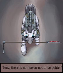 Size: 1170x1350 | Tagged: safe, artist:pantzar, oc, oc only, zebra, fallout equestria, quote, solo