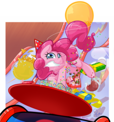 Size: 1071x1142 | Tagged: safe, artist:pomnoi, pinkie pie, earth pony, pony, g4, balloon, chips, confetti, female, food, hat, mare, mouth hold, nachos, party hat, present, punch (drink), punch bowl, slide, solo, table