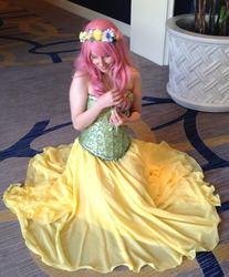 Size: 1280x1543 | Tagged: safe, artist:brokenboss, fluttershy, human, g4, 2014, clothes, convention, corset, cosplay, dress, fanimecon, floral head wreath, irl, irl human, photo, solo