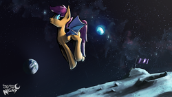 Size: 1920x1080 | Tagged: safe, artist:darkflame75, scootaloo, bat pony, pony, g4, bat ponified, female, flag, looking at you, moon, planet, pronking, race swap, scootabat, smiling, solo, space, spread wings, student of the night, tumblr, wallpaper, wingding eyes