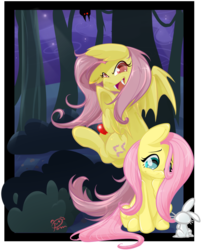 Size: 1016x1259 | Tagged: safe, artist:pomnoi, angel bunny, fluttershy, g4, apple, duality, flutterbat