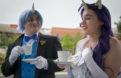 Size: 1154x744 | Tagged: safe, artist:neko-no-danna, artist:thelordcommander, fancypants, rarity, human, g4, colossalcon, cosplay, irl, irl human, photo, tea