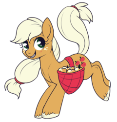 Size: 449x468 | Tagged: source needed, safe, artist:lulubell, applejack, g4, applebucking, bucking, cute, female, golden apple, grin, hatless, limited palette, looking at you, looking back, missing accessory, raised tail, simple background, smiling, solo, transparent background, vector