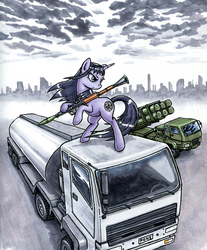 Size: 636x768 | Tagged: safe, artist:choedan-kal, oc, pony, homura akemi, magical girl, ponified, puella magi madoka magica, rocket launcher, rpg-7, solo, traditional art, truck, weapon