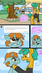Size: 900x1552 | Tagged: safe, artist:apartment2bmod, snails, snips, ask adult snips and snails, g4, ask, bowtie, clothes, comic, goatee, hiding, necktie, nervous, older, older snails, older snips, sneaking, speech bubble, suit, tree, tumblr, well