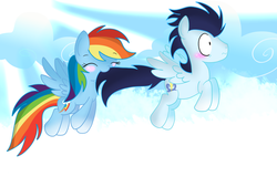 Size: 1024x655 | Tagged: safe, artist:sparkle-bliss, rainbow dash, soarin', g4, :s, backwards cutie mark, biting, blushing, cute, dashabetes, eyes closed, female, flying, frown, male, nervous, nom, ship:soarindash, shipping, smiling, spread wings, straight, tail bite, wavy mouth, wide eyes