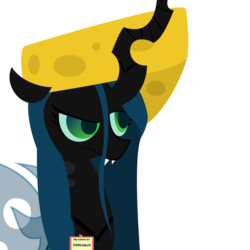 Size: 1000x1000 | Tagged: source needed, safe, artist:doodlesbychangelings, queen chrysalis, g4, annoyed, cheese, cheese hat, factory, fangs, female, frown, hat, raised eyebrow, solo, unamused, work