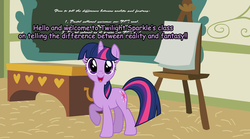 Size: 900x499 | Tagged: dead source, safe, twilight sparkle, pony, unicorn, g4, chalkboard, classroom, comic sans, explicit source, female, mare, open mouth, smiling, solo, text