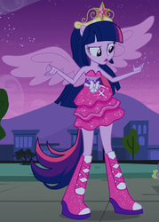 Size: 474x662 | Tagged: safe, screencap, twilight sparkle, equestria girls, g4, my little pony equestria girls, big crown thingy, boots, element of magic, fall formal outfits, female, high heel boots, jewelry, ponied up, pony ears, regalia, solo, sparkles, twilight ball dress, wings