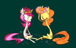 Size: 1248x782 | Tagged: dead source, safe, artist:yuji8sushi, carrot top, golden harvest, roseluck, earth pony, pony, g4, carrotluck, crown, cute, cutie top, female, floral head wreath, flower, lesbian, shipping, sitting